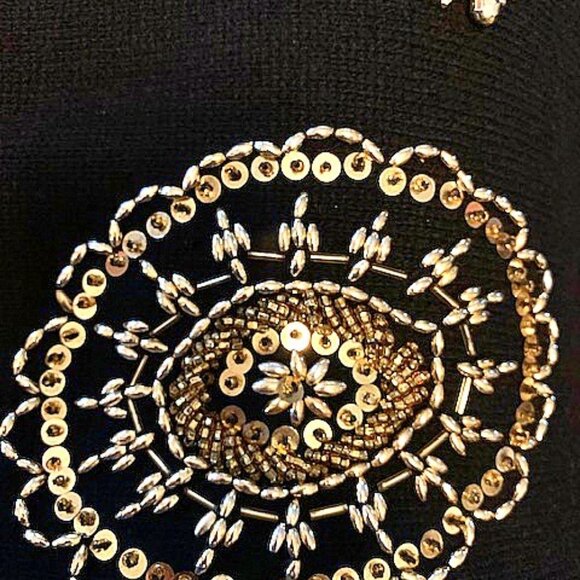 80s VTG MARSHALL ROUSSO GOLD BEADED LONG SWEATER M - Picture 5 of 6